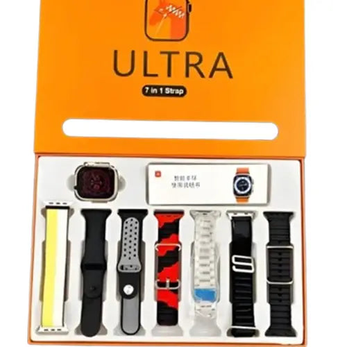 ultra smart watch 7 A collection of smart watch straps displayed in a box, with the brand name ULTRA visible on the top. The straps are in various colors and patterns.