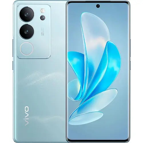 A Vivo V29 smartphone in peak blue color with a gold design on the screen and a camera module with multiple lenses on the back.