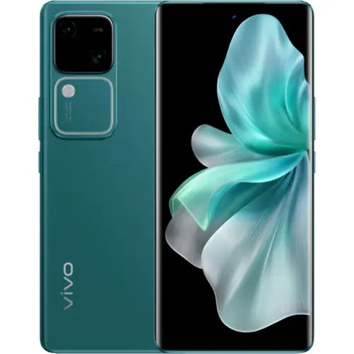 A Vivo V30 5G smartphone in Peacock Green color, showing the front screen and back camera and branding.