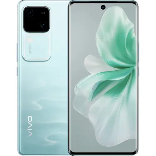 A Vivo V30 5G smartphone in Waving Aqua color, showing the front screen and back camera and branding.