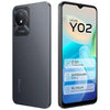 Vivo Y02 smartphone in grey color with dual rear cameras and a display showing the screen's features such as 2.5D trendy design, 5000mAh battery, and 16.