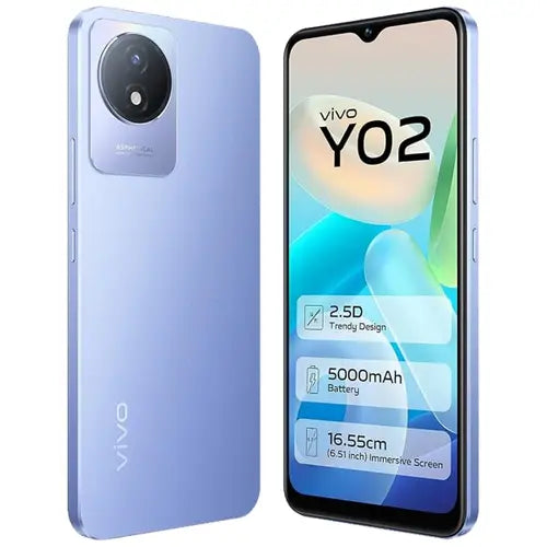 Vivo Y02 smartphone in blue color with dual rear cameras and a display showing the screen's features such as 2.5D trendy design, 5000mAh battery, and 16.