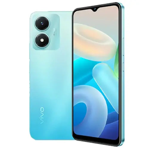 Vivo Y02s mobile phone in blue color with dual rear cameras and a water drop display notch.