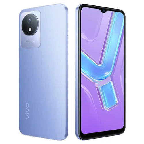A blue Vivo Y02t smartphone showing the front screen display and the back camera and Vivo branding.