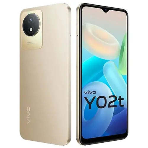 A gold Vivo Y02t smartphone showing the front screen display and the back camera and Vivo branding.