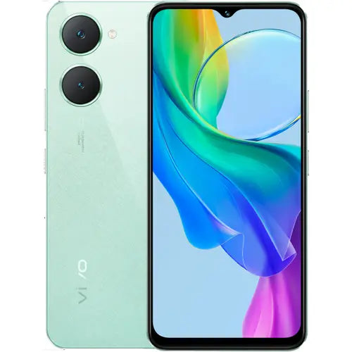A gem green Vivo Y03 mobile phone with a colorful display and dual camera setup on the back.
