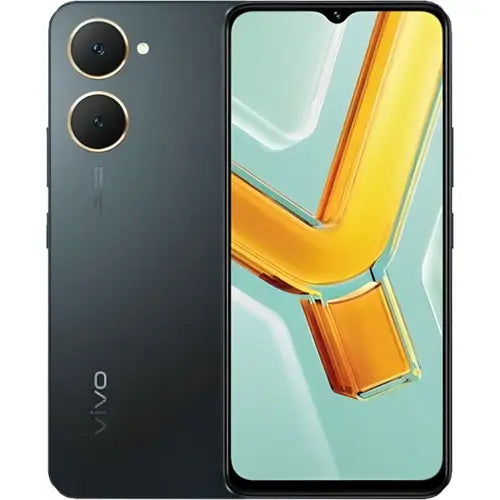 A space black Vivo Y03 mobile phone with a colorful display and dual camera setup on the back.