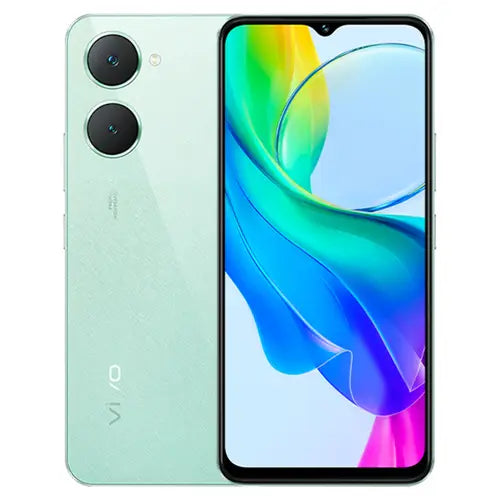 A gem green color Vivo Y03t mobile phone with a dual camera system on the back and a colorful display on the front.