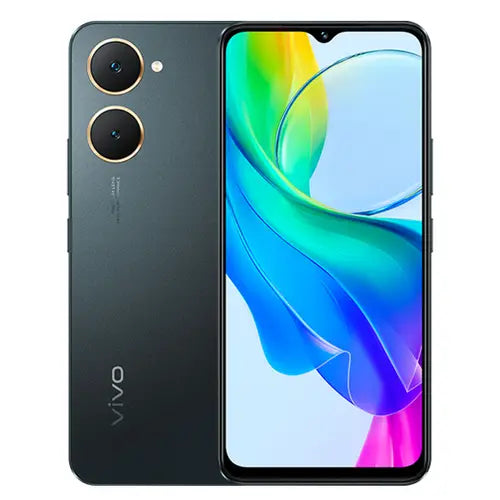 A space black color Vivo Y03t mobile phone with a dual camera system on the back and a colorful display on the front.