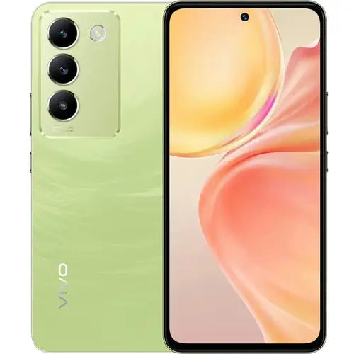 A breeze green Vivo Y100 smartphone showing the front screen display and rear camera setup.