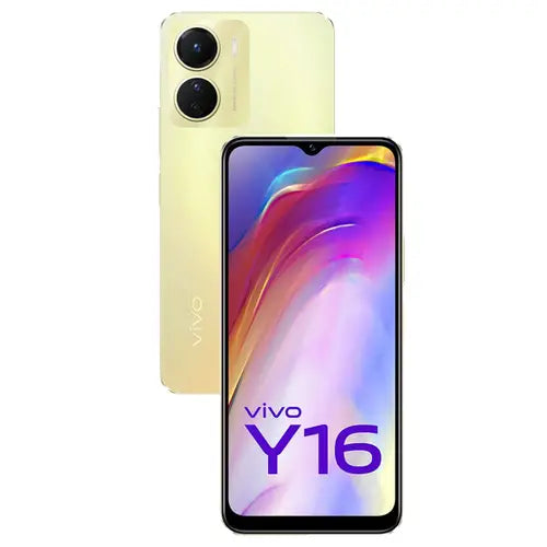 A drizzling gold Vivo Y16 smartphone showing the front screen display and the back camera and branding.