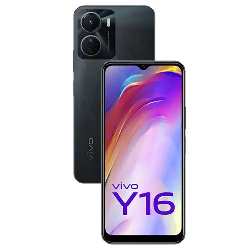 A stellar black Vivo Y16 smartphone showing the front screen display and the back camera and branding.