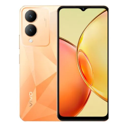 Vivo Y17s in diamond orange color smartphone with a gradient design on a white background.