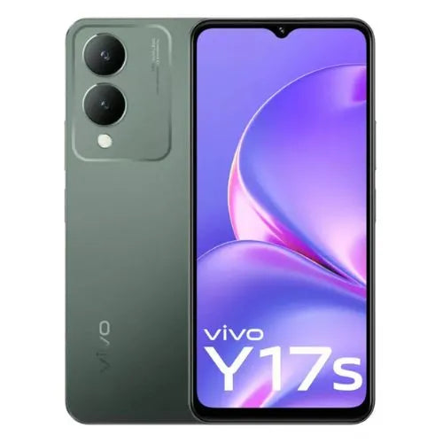 Vivo Y17s smartphone in forest green color with dual rear cameras and the phone's display showing the brand and model name.