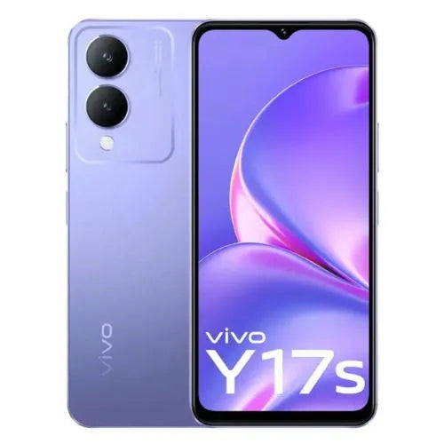 Vivo Y17s smartphone in purple color with dual rear cameras and the phone's display showing the brand and model name.