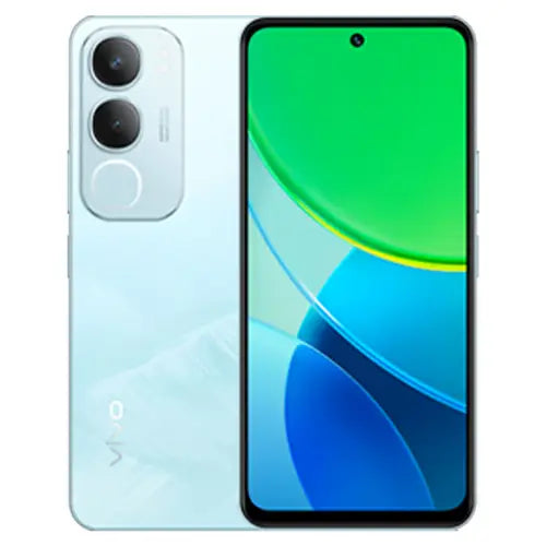 Vivo Y19s in blue color Smartphone with green screen and light blue back.