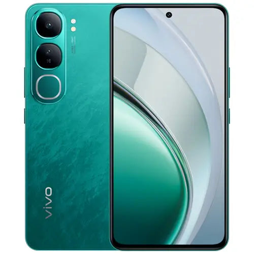 A green Vivo Y200 smartphone showing the front screen and rear camera setup.