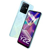 A Vivo Y22 smartphone in metaverse  green color with the front screen displaying colorful graphics and the back showing a dual camera setup.