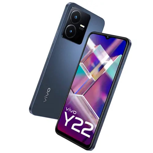 A Vivo Y22 smartphone starlit in blue color with the front screen displaying colorful graphics and the back showing a dual camera setup.