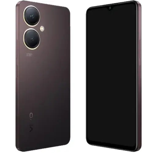 A burgundy black Vivo Y27 smartphone showing the front and back sides, with the back side displaying a dual camera system.