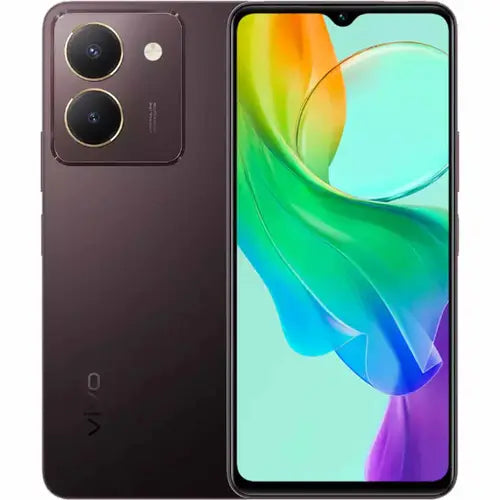 A burgundy black Vivo Y27s smartphone with a colorful display and dual camera setup on the back.