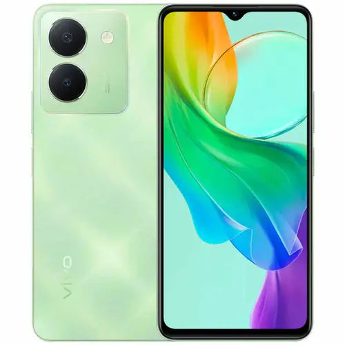 A green Vivo Y27s smartphone with a colorful display and dual camera setup on the back.