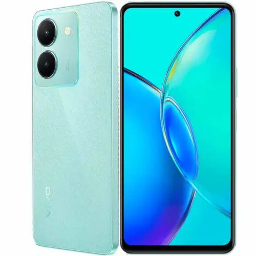 A Vivo Y36 smartphone in glitter aqua color, showing the front screen display and the back camera setup.