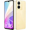 A Vivo Y36 smartphone in gold color, showing the front screen display and the back camera setup.