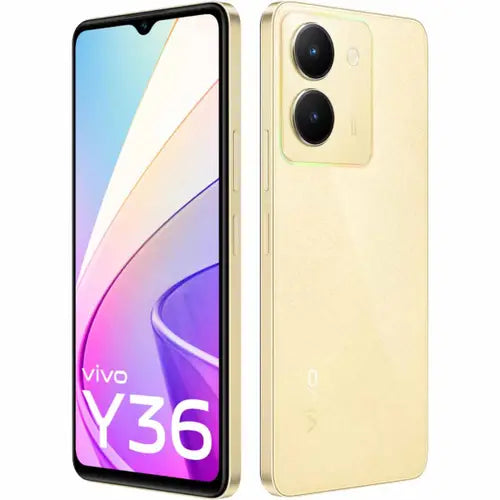 A Vivo Y36 smartphone in gold color, showing the front screen display and the back camera setup.