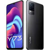 Vivo Y73 smartphone in black color with dual rear cameras and the phone's display showing colorful graphics.