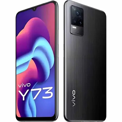 Vivo Y73 smartphone in black color with dual rear cameras and the phone's display showing colorful graphics.