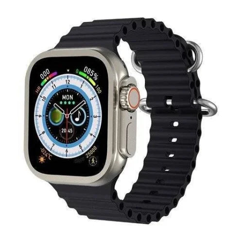 This image features a stylish and modern smartwatch, the W800 Ultra Big Infinite Display 2.01, showcased with a striking black strap and a silver metallic case.