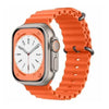 This image features a stylish and modern smartwatch, the W800 Ultra Big Infinite Display 2.01, showcased with a striking orange strap and a silver metallic case.