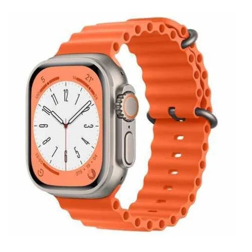 This image features a stylish and modern smartwatch, the W800 Ultra Big Infinite Display 2.01, showcased with a striking orange strap and a silver metallic case.