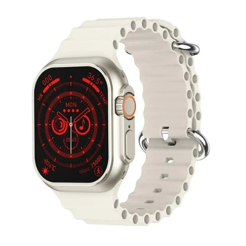 This image features a stylish and modern smartwatch, the W800 Ultra Big Infinite Display 2.01, showcased with a striking white strap and a silver metallic case.