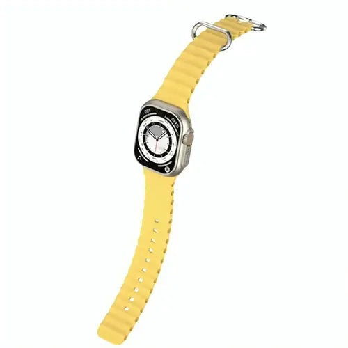 W800 Ultra Yellow wristwatch with a silver band on a white background