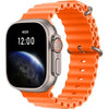W800 Ultra orange silicone band smart watch with a silver metal case, displaying time and date on the screen.