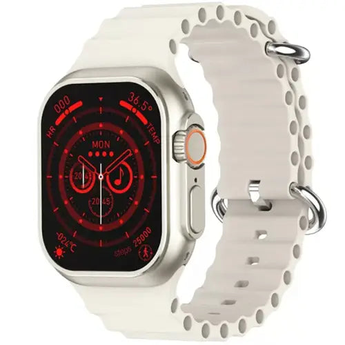 W800 Ultra smartwatch with white band and red display on white background