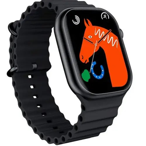 W&O X9 Pro digital smart watch with a black band and case, featuring a colorful display showing an animated horse and various health tracking indicators.
