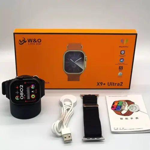 W&O X9 Plus Ultra smart watch with a black band and digital display, alongside a USB cable, charging dock, and product packaging with the W&O X9 Plus Ultra 2 branding.