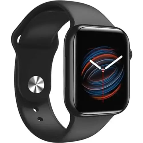Ws57 Series 7 black smartwatch with a silicone band and a digital display showing a colorful watch face.