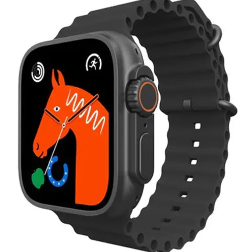 ws68 ultra A digital smart watch with a black band and case, featuring a colorful display showing an animated horse and various health tracking icons.