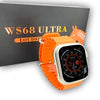 ws68 ultra A digital smart watch with a orange band and case, featuring a colorful display showing an animated horse and various health tracking icons.