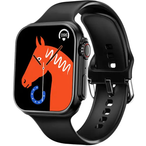 WS8 Ultra a digital smart watch with a black band and a display featuring a cartoon image of a horse.