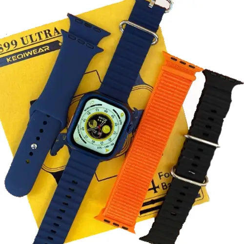 WS99 Ultra Smart A digital smart watch with a blue band and case, featuring different straps. 