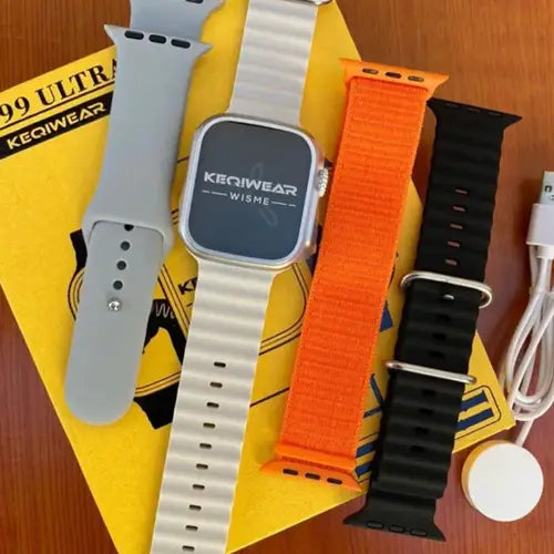 WS99 Ultra Smart A digital smart watch with a white band and case, featuring different straps.