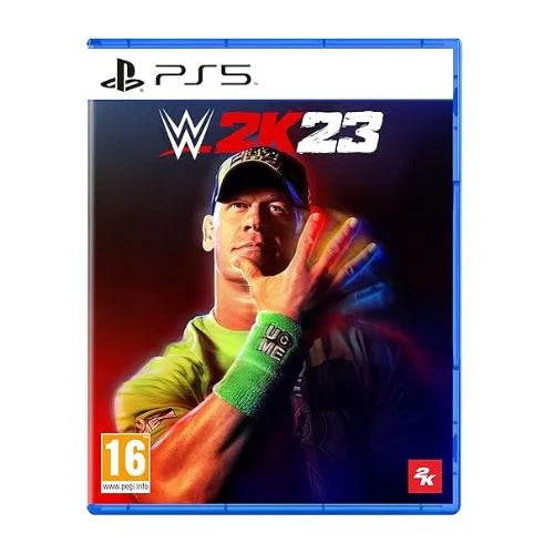 A game WWE 2K23 PS5 featuring an image of a wrestler in a green and yellow outfit with a cap, extending his hand with a wristband visible.