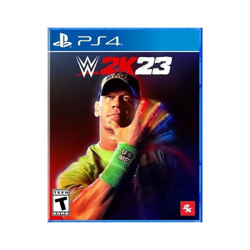 A game case WWE 2K23 PS4 featuring an image of a WWE wrestler in a colorful costume.