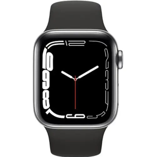 Watch 8 Plus black smartwatch with a silver metal case and a white silicone band, displaying a colorful app grid on its screen.