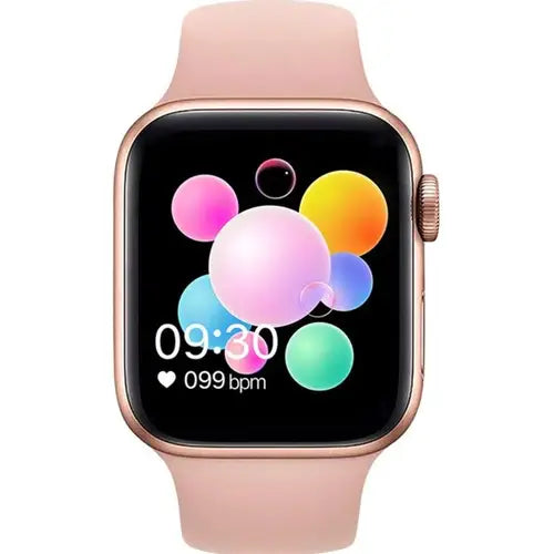 Watch 8 Plus pink smartwatch with a silver metal case and a white silicone band, displaying a colorful app grid on its screen.